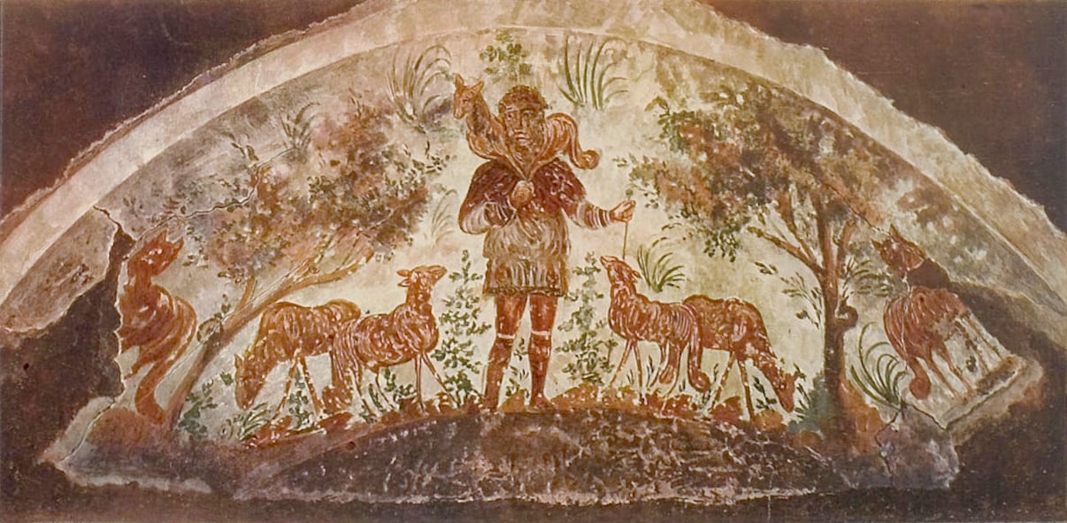 Peinture murale antique représentant un berger portant un mouton sur les épaules