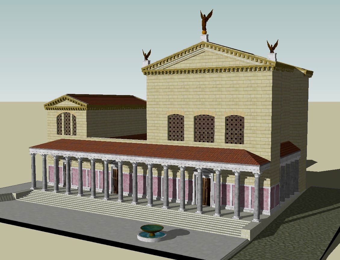 Grand bâtiment de briques à toit plat sur le Forum romain, la Curie