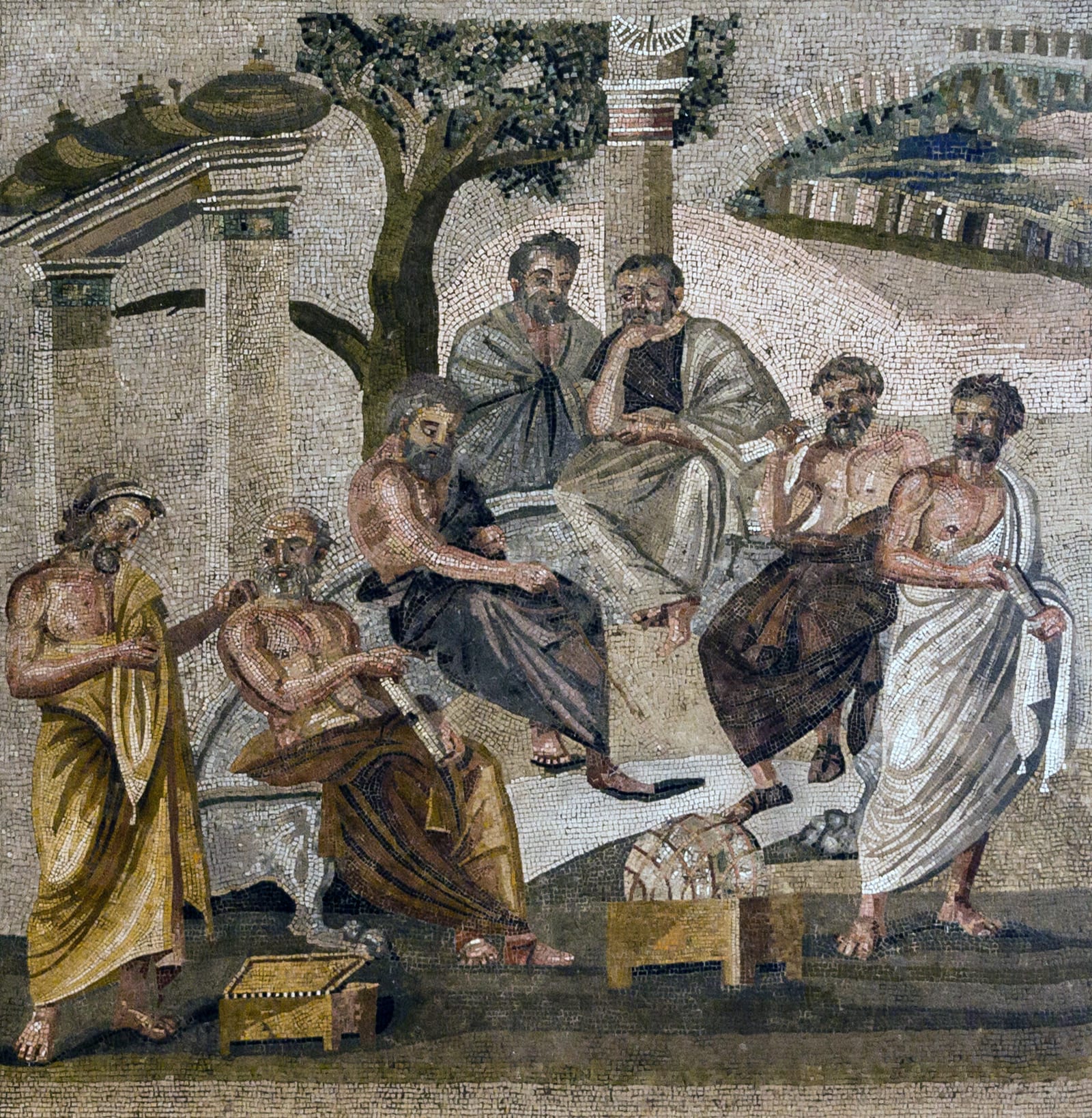Mosaïque antique montrant sept philosophes assis en cercle autour d'une sphère