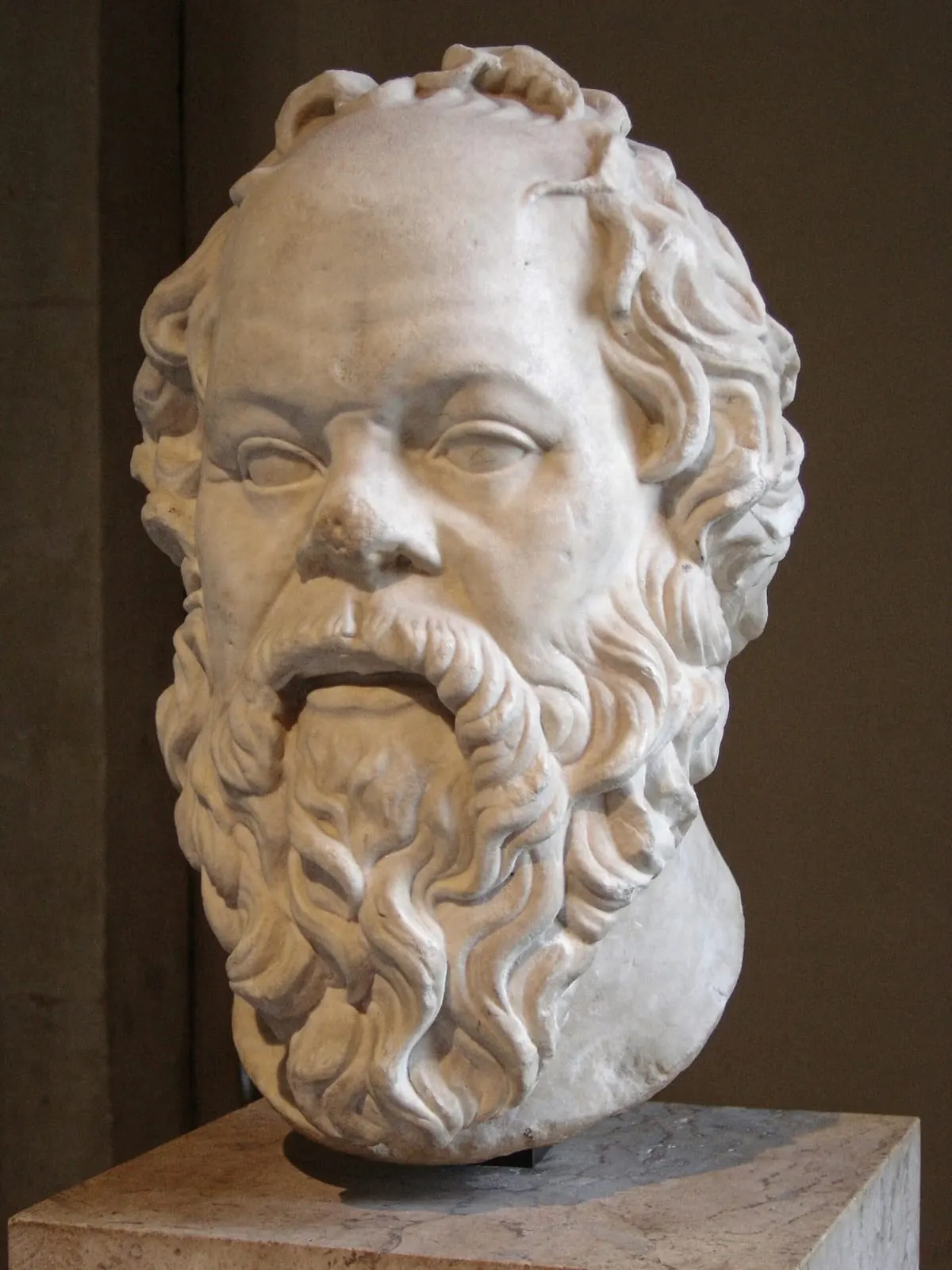 Buste en marbre d'un homme au nez épaté et à la barbe fournie, portrait de Socrate