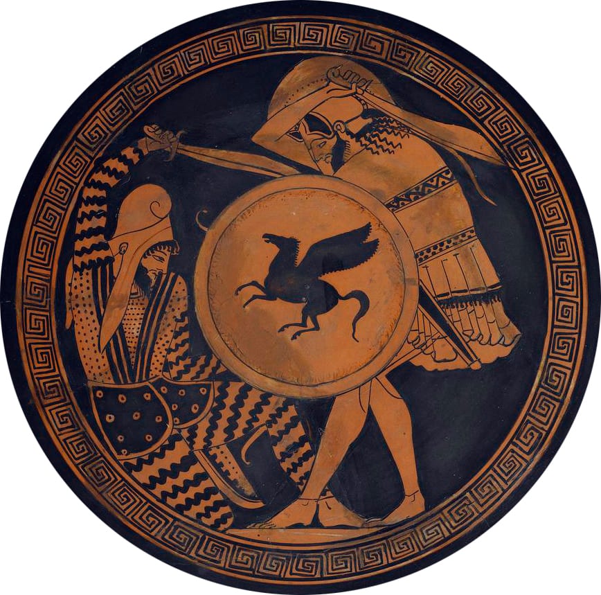 Peinture de vase montrant un hoplite grec affrontant un guerrier perse