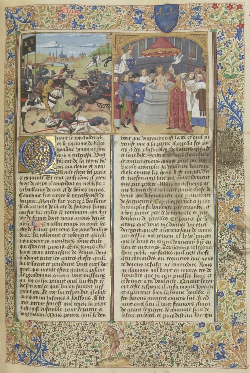 Miniature médiévale représentant le baptême de Clovis dans une cuve, entouré d'évêques