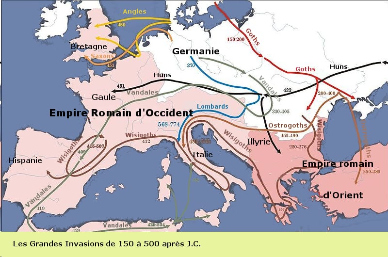 Carte des trajets suivis par les peuples germaniques et les Huns à travers l'Europe