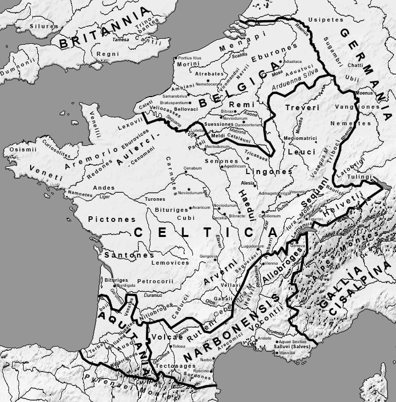 Carte de la Gaule aux noms latins montrant la Belgica, la Celtica, l'Aquitania et la Narbonensis