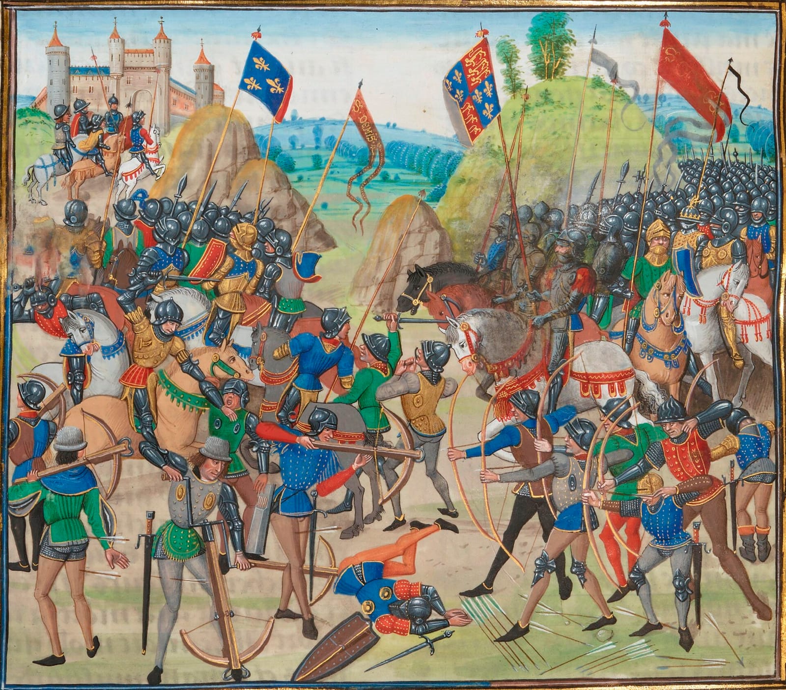 Enluminure de deux armées face à face, archers d'un côté et arbalétriers de l'autre