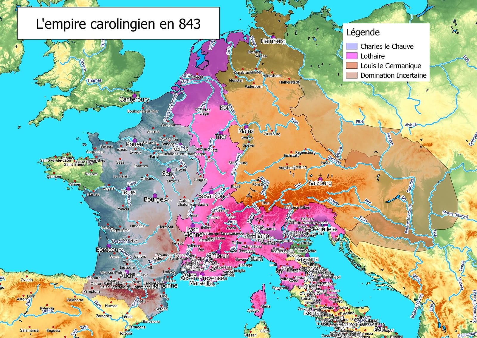 Carte en couleurs de l'Europe occidentale montrant les trois royaumes issus du partage de 843