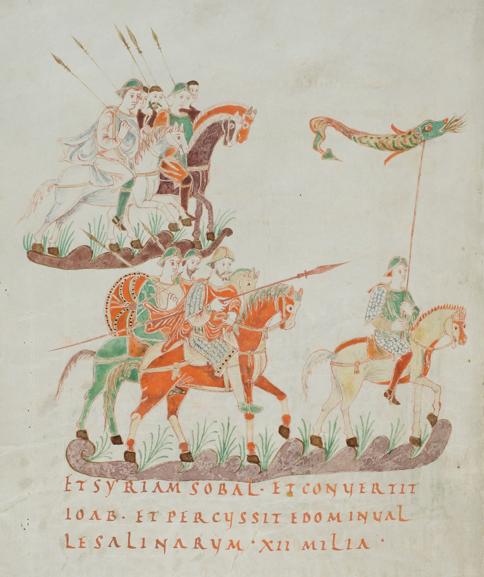 Enluminure de cavaliers casqués, lances dressées, chevauchant en colonne