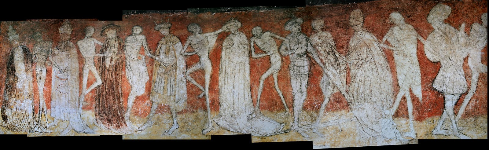 Fresque murale effacée par endroits, montrant une file de personnages entraînés par des squelettes
