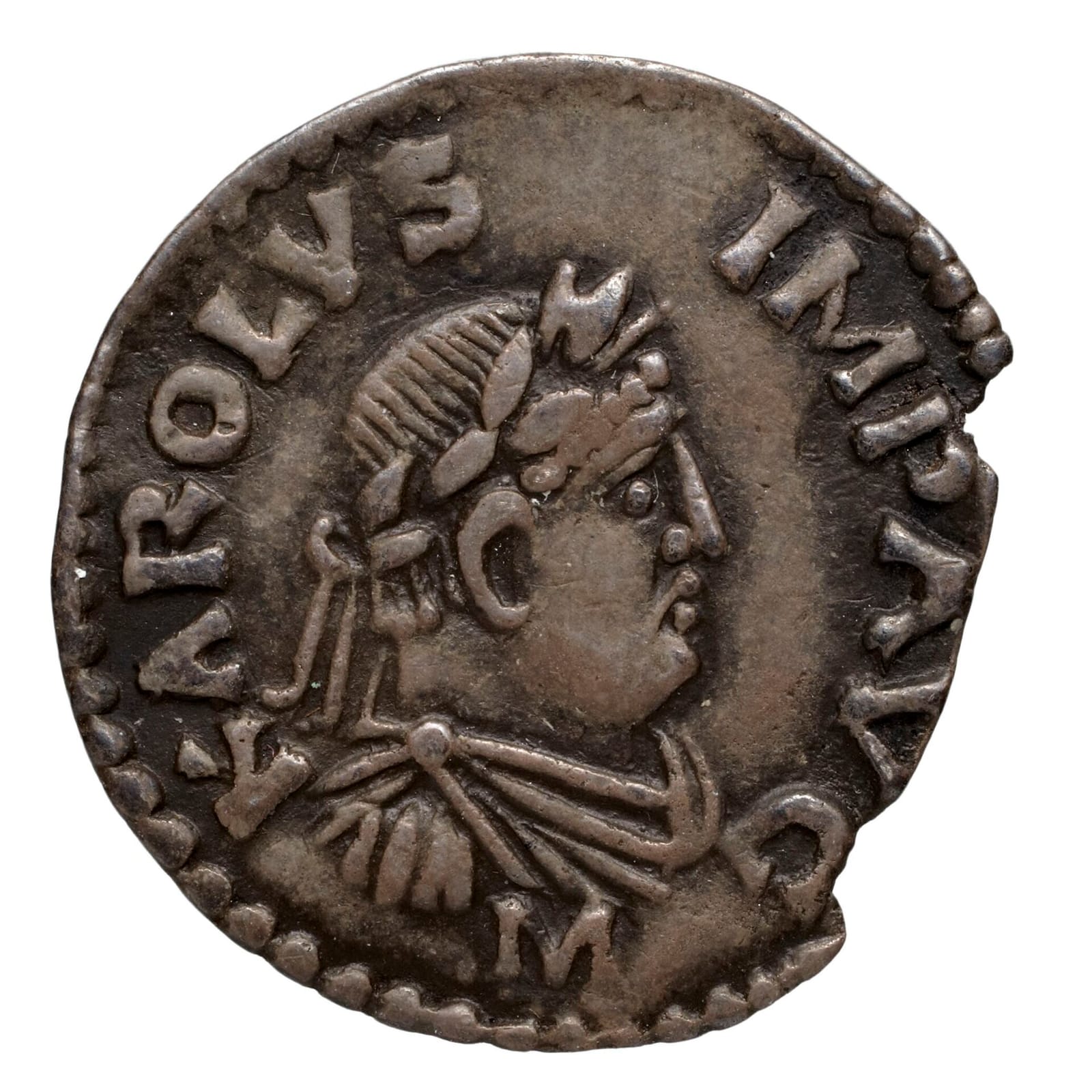Monnaie d'argent portant un buste de profil couronné de lauriers et une inscription latine