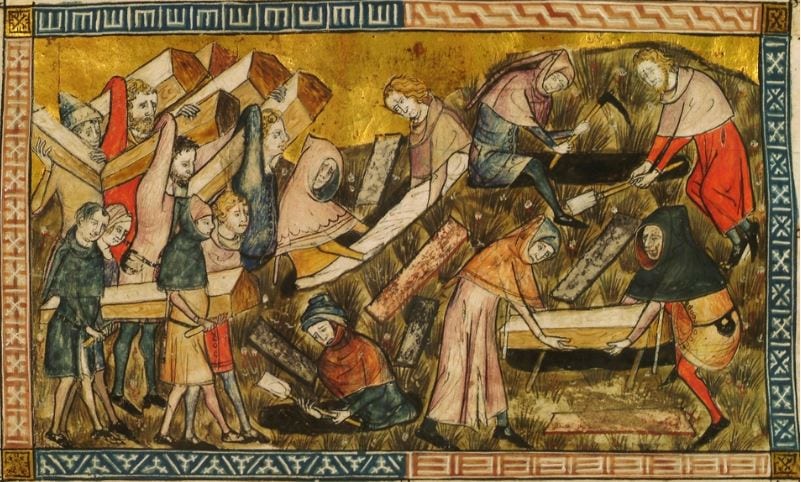 Enluminure de personnes portant des cercueils et creusant des fosses