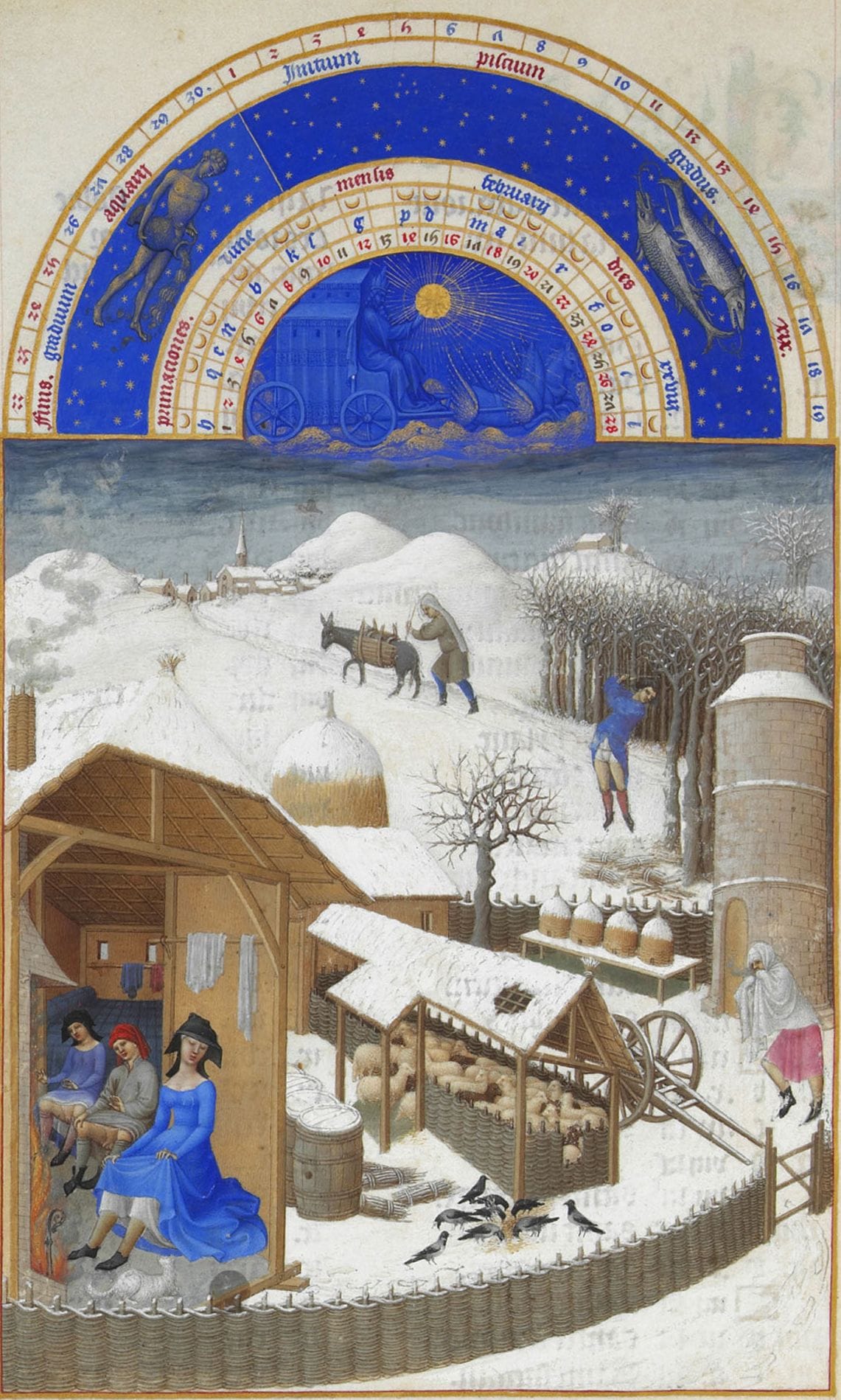 Enluminure d'une ferme sous la neige, avec des paysans se chauffant devant un feu