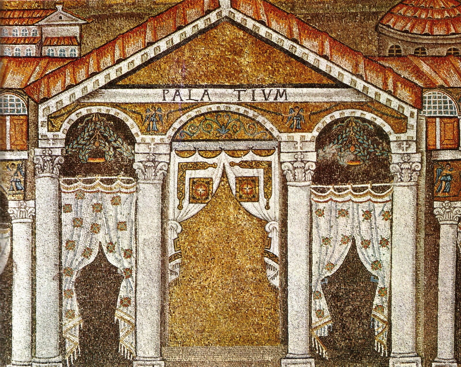 Mosaïque antique représentant la façade à colonnes d'un palais surmontée du mot PALATIUM