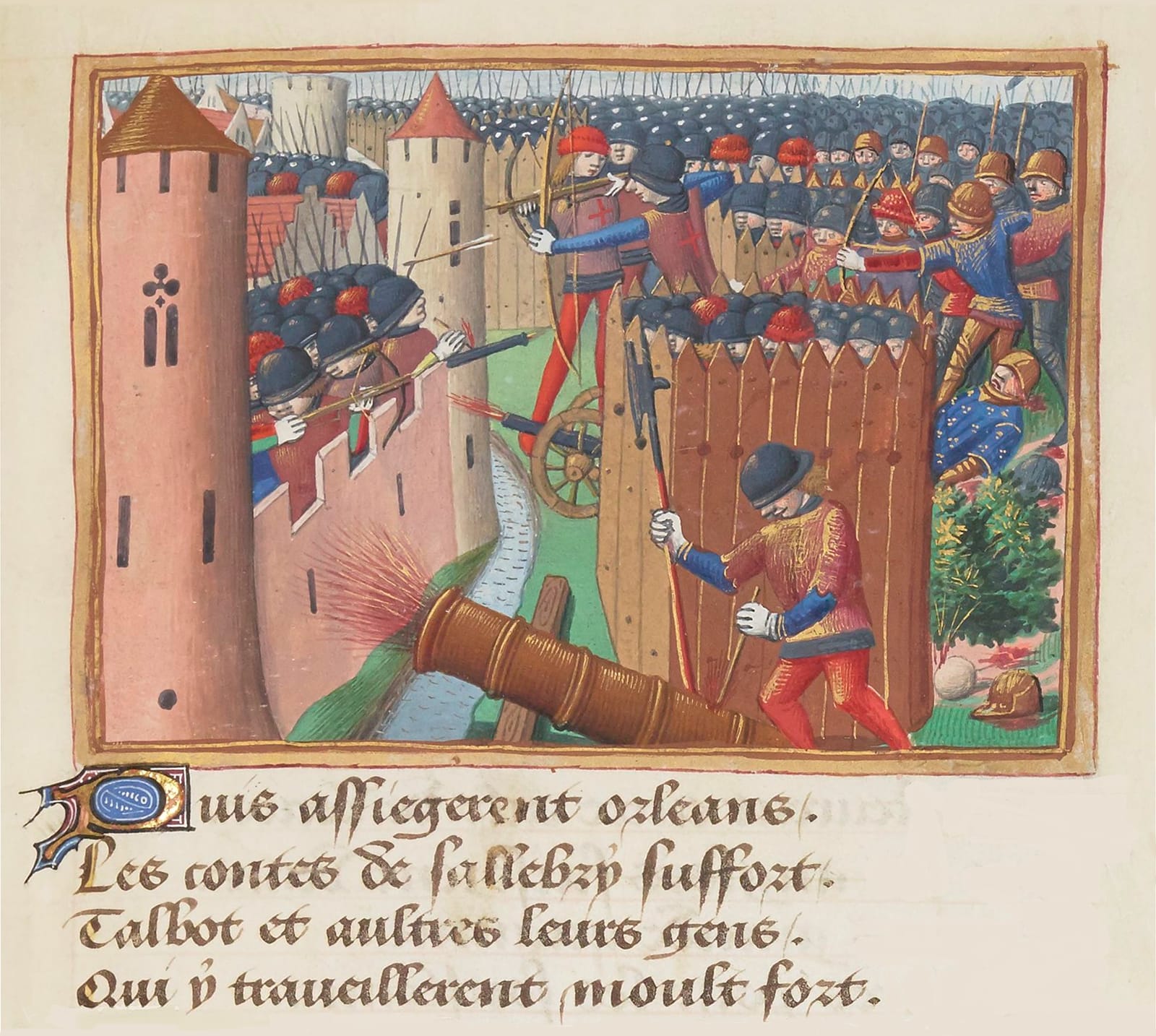 Enluminure d'une ville fortifiée assiégée, avec des combats devant les remparts